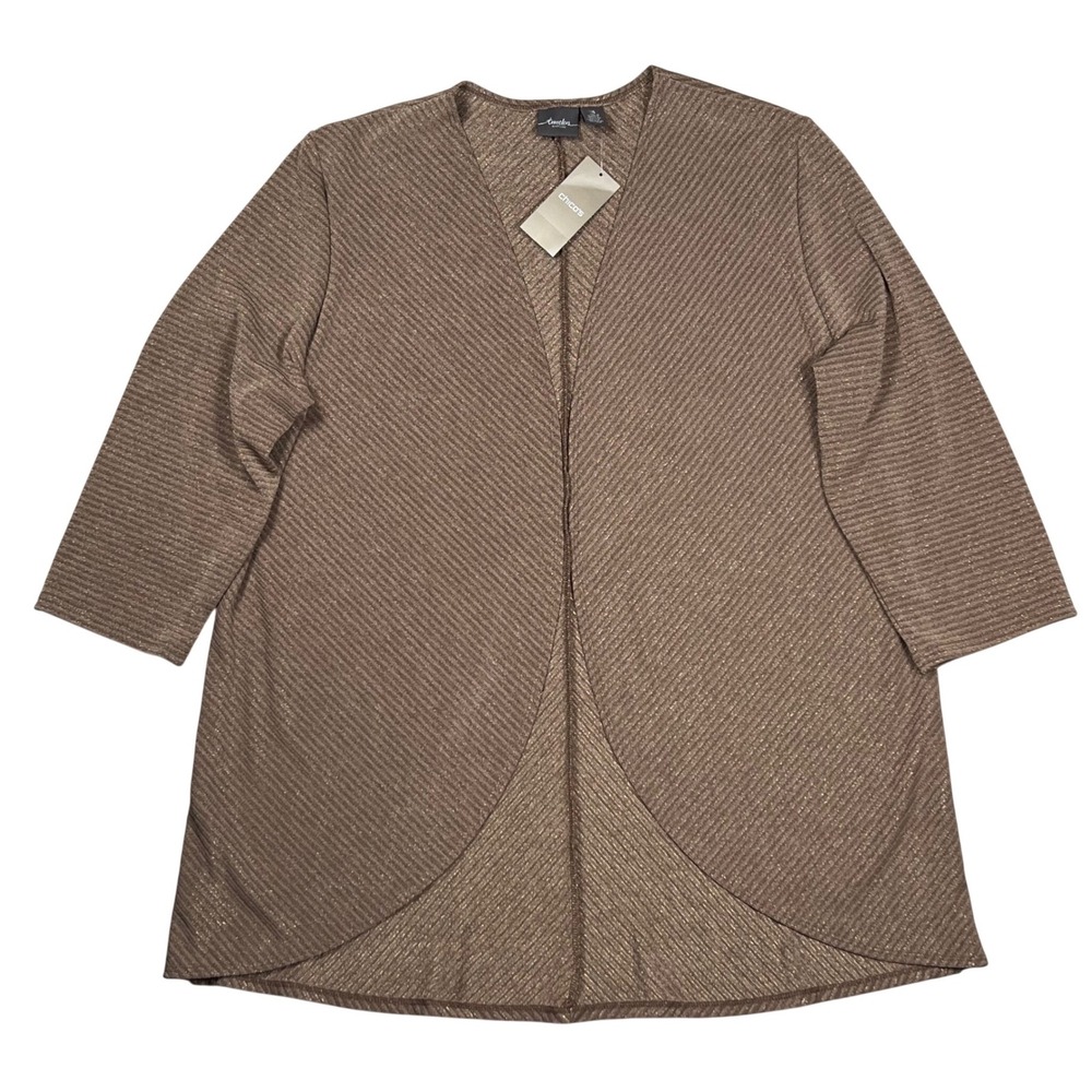 New Chicos Travelers Shimmer Stripe Cardigan Women XL Brown Metallic Open Front